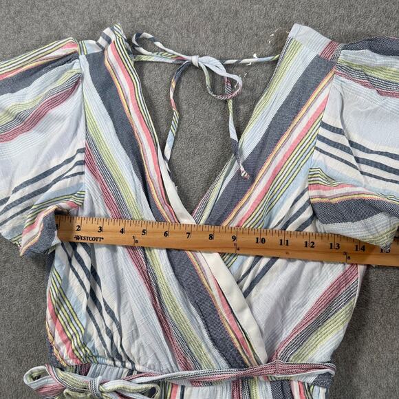 Altar'd State Stripe Romper Flutter Sleeve Size Small Belted V-Neck Blue Pink - Picture 8 of 11